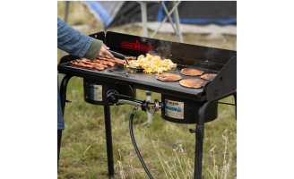 The durable, versatile Camp Chef Explorer Two-Burner cooking system packs enough power in its 30,000 BTU burners to boil water and cook your food in a hurry. Portability is no problem with the removable legs, and a three-sided windscreen makes outdoor cooking easy